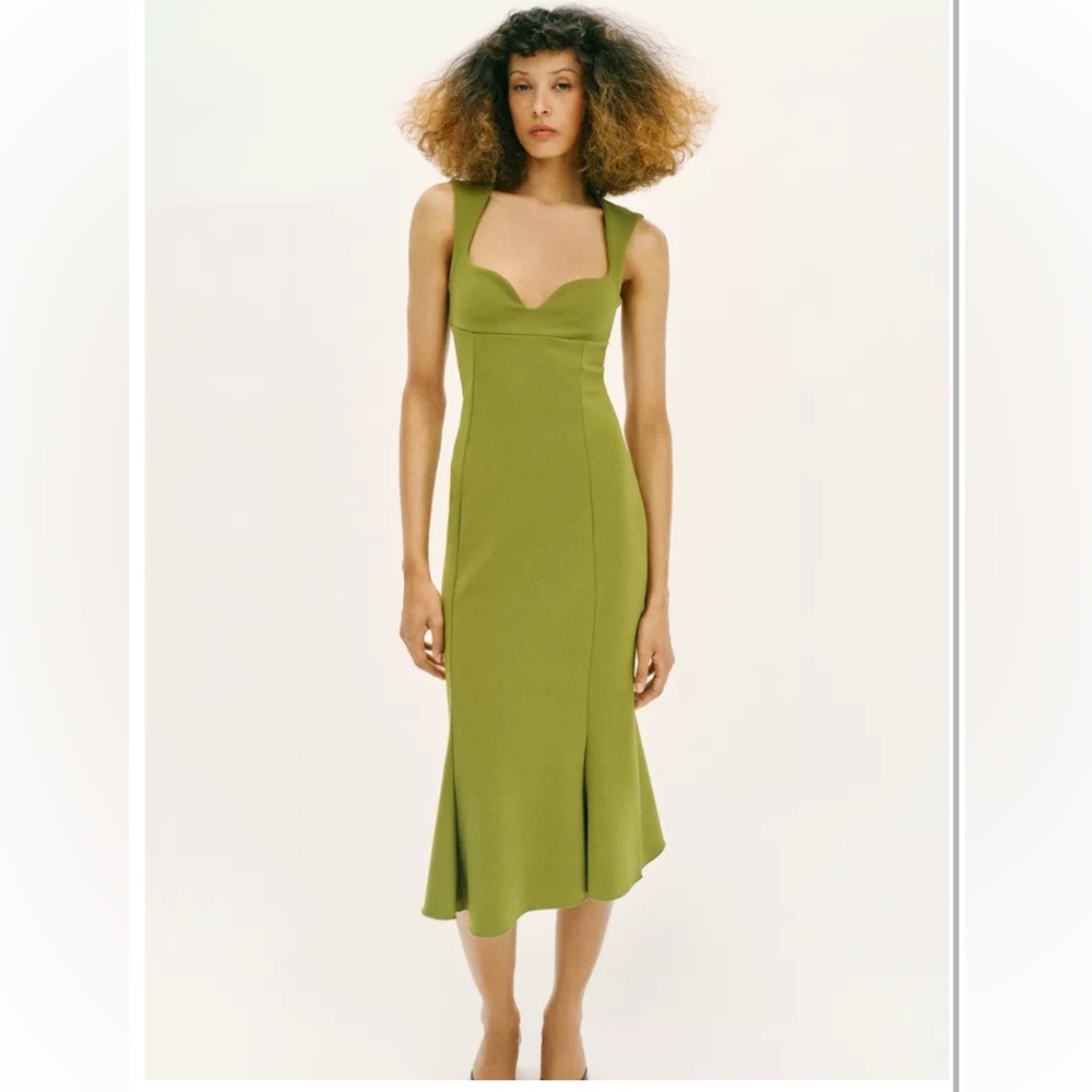 ZARA Sweetheart Neckline Dress Olive Green Sleeveless Midi Flared Hem Women M
